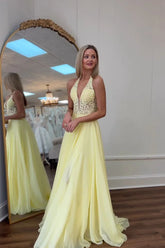 UK Pastel Yellow Halter Prom Dress with Lace Applique Chiffon Mychicdress